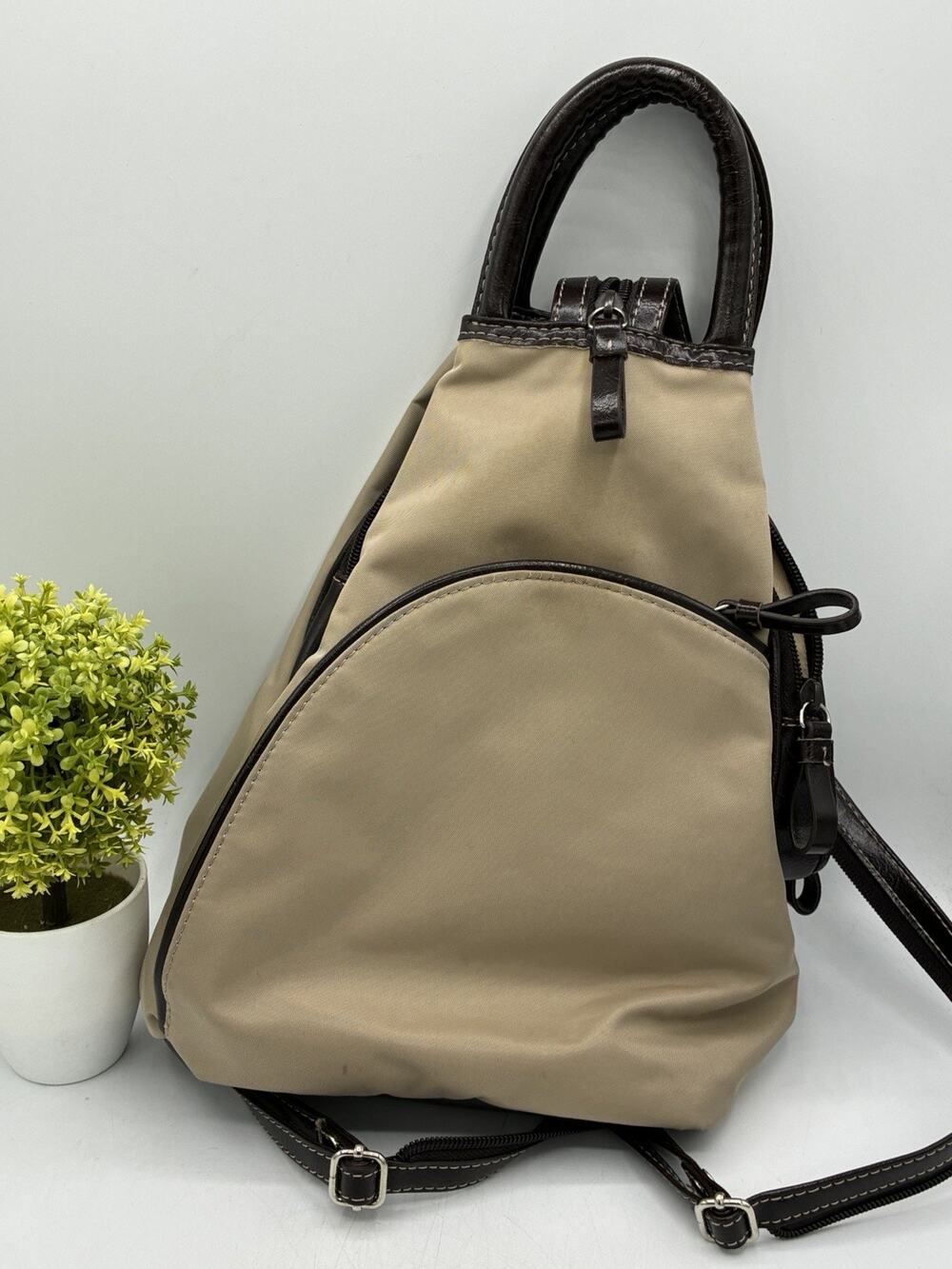 Easy Spirit Beige Brown Nylon Backpack Slingback Purse Travel Bag Lightweight